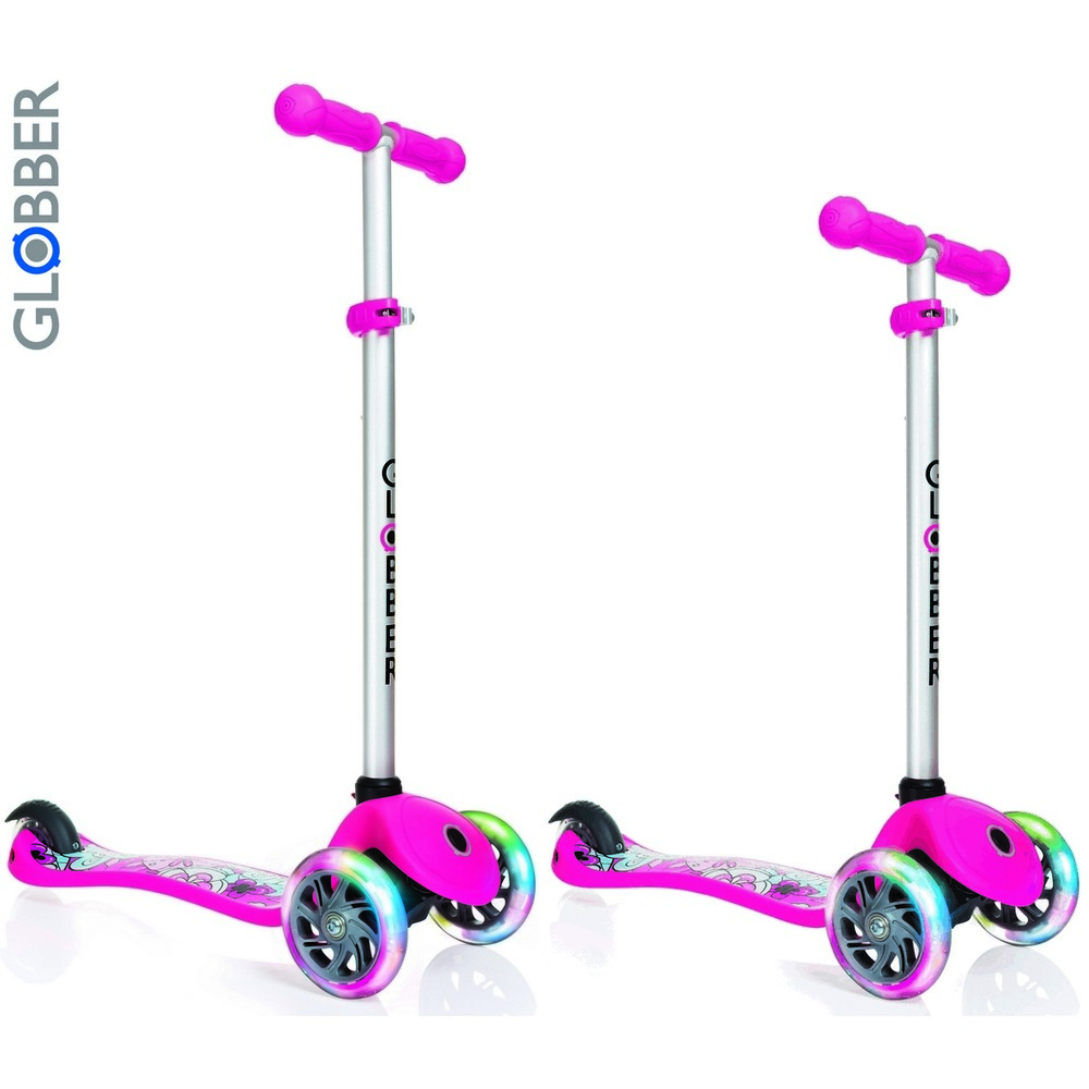 Самокат Globber Primo Fantasy 424-007 с 3 светящимися колесами Flowers Neon pink  